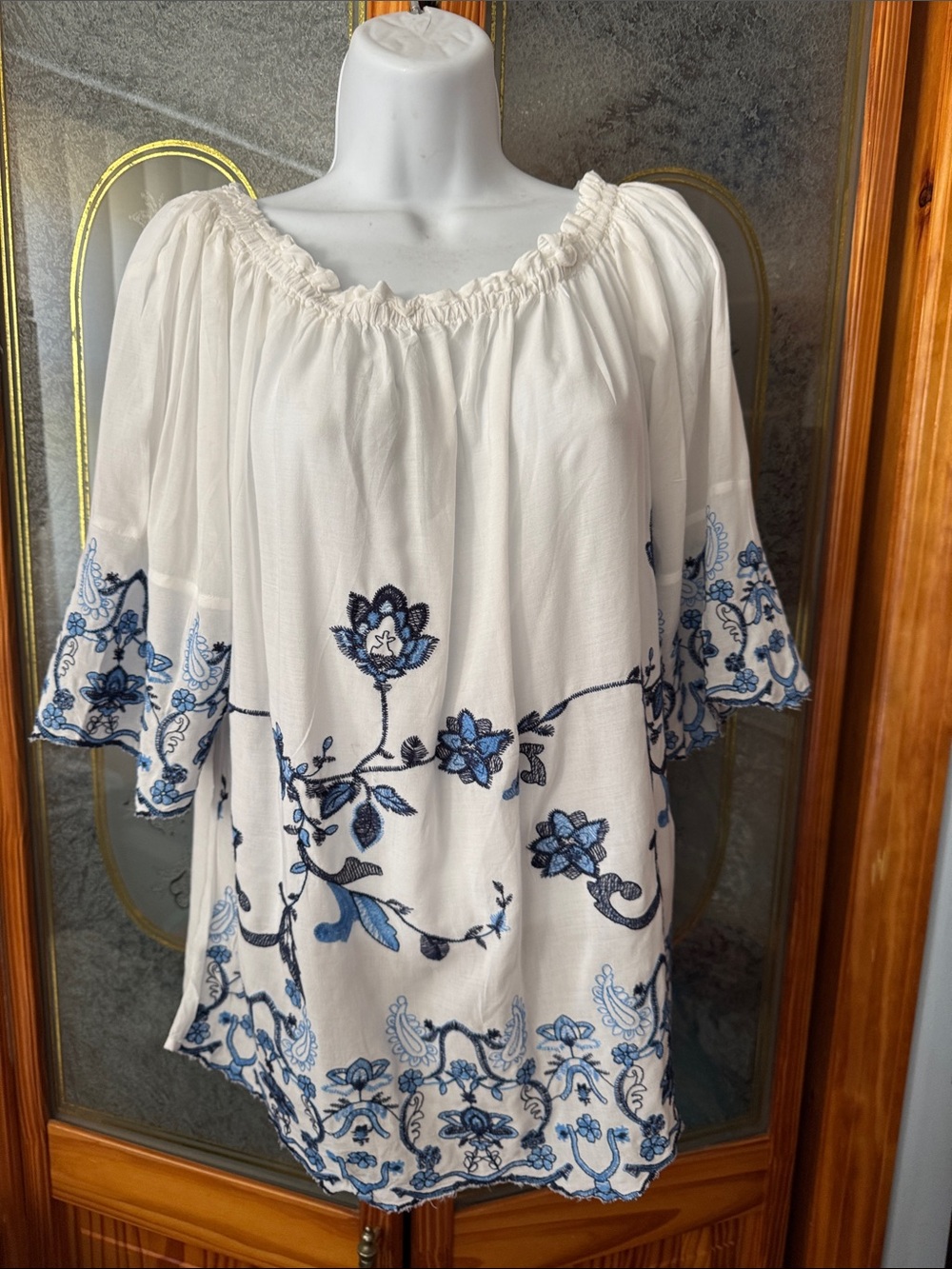 Nanette Lepore White Off-Shoulder Tunic with Blue Floral Embroidery